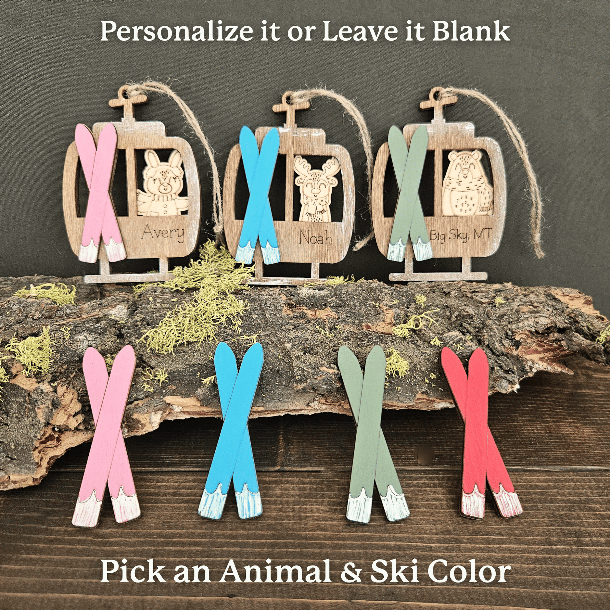 Wooden ornaments with animal shapes and ski designs on a rustic background