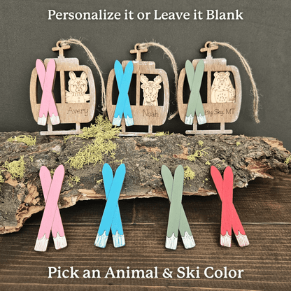 Wooden ornaments with animal shapes and ski designs on a rustic background