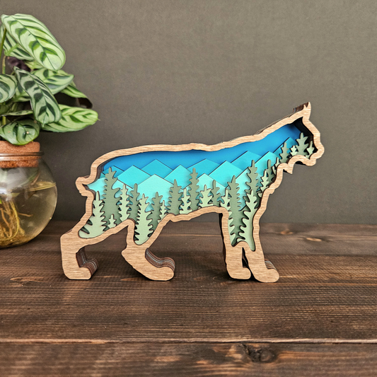 3D Bobcat Art with Mountains and Trees