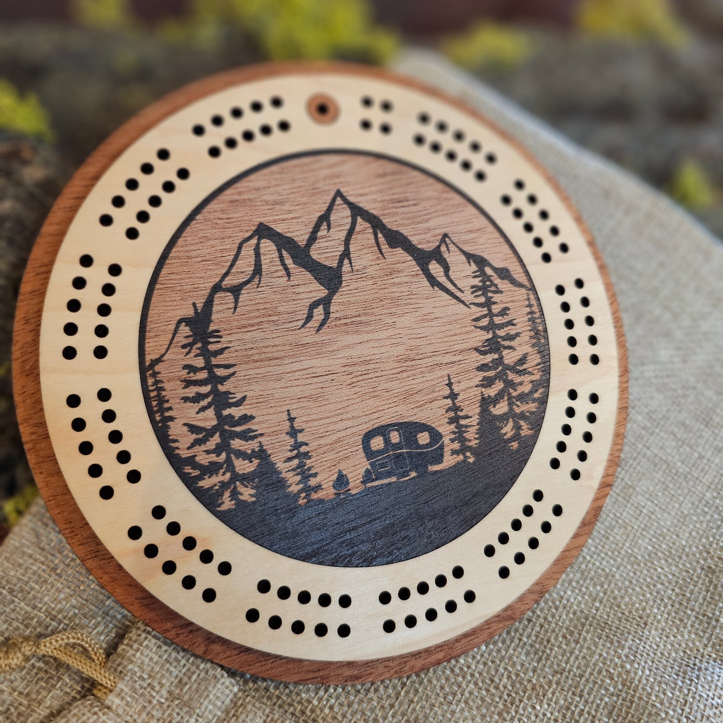 Camping Scene Mini Circle Cribbage Board