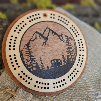 Camping Scene Mini Circle Cribbage Board