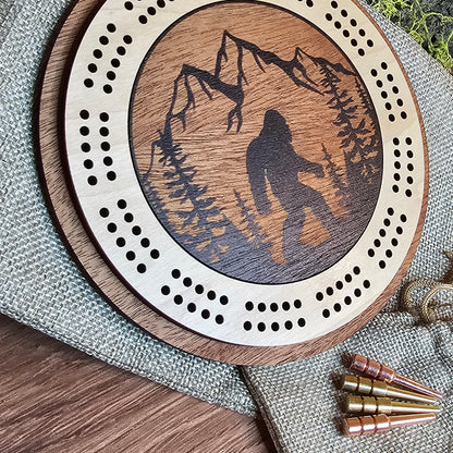 Bigfoot Engraved Mini Circle Travel Cribbage Board