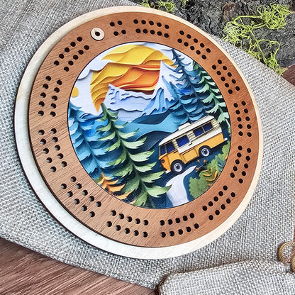 Colorful Camper Design Mini Circle Cribbage Board