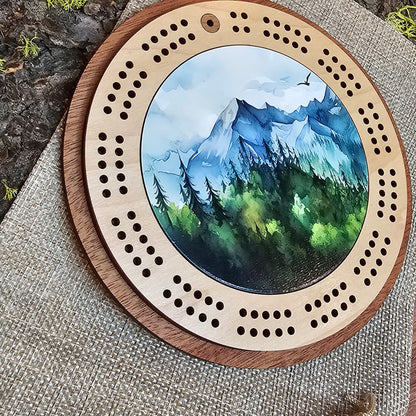 Watercolor Mountain Scene Mini Circle Cribbage Board