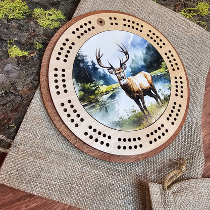 Deer in Forest Design Mini Circle Cribbage Board