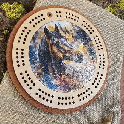 Colorful Horse Scene Mini Circle Cribbage Board