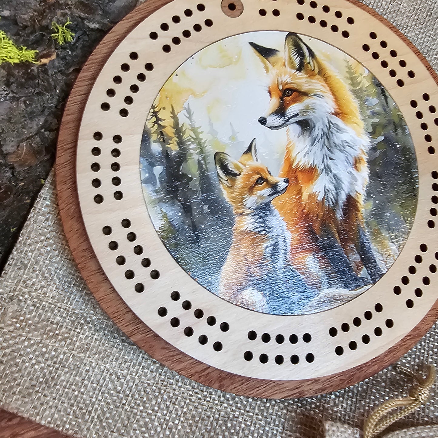 Colorful Fox and Kit Scene Mini Circle Cribbage Board