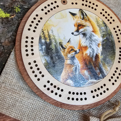 Colorful Fox and Kit Scene Mini Circle Cribbage Board