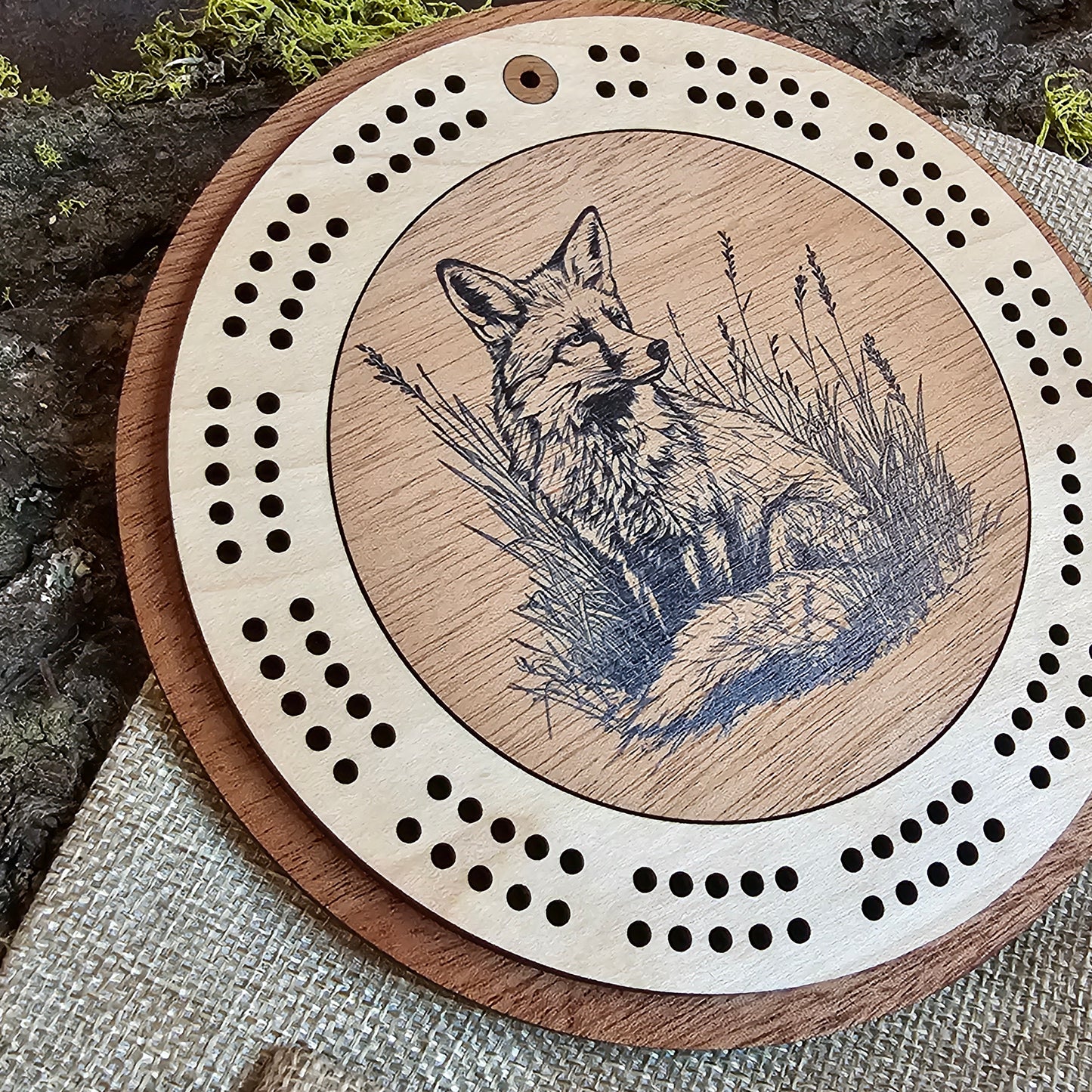 Fox Engraved Mini Circle Travel Cribbage Board