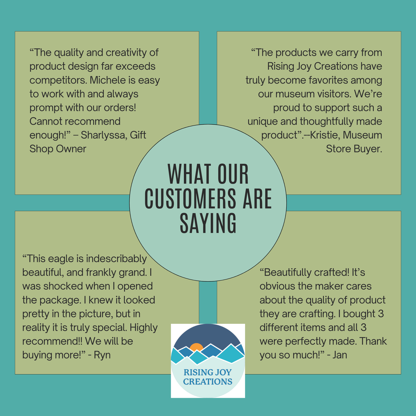 Customer testimonials for Rising Joy Creations on a teal background