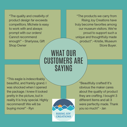 Customer testimonials for Rising Joy Creations on a teal background