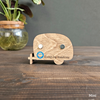 Wood camper layered magnet back showing two magnets