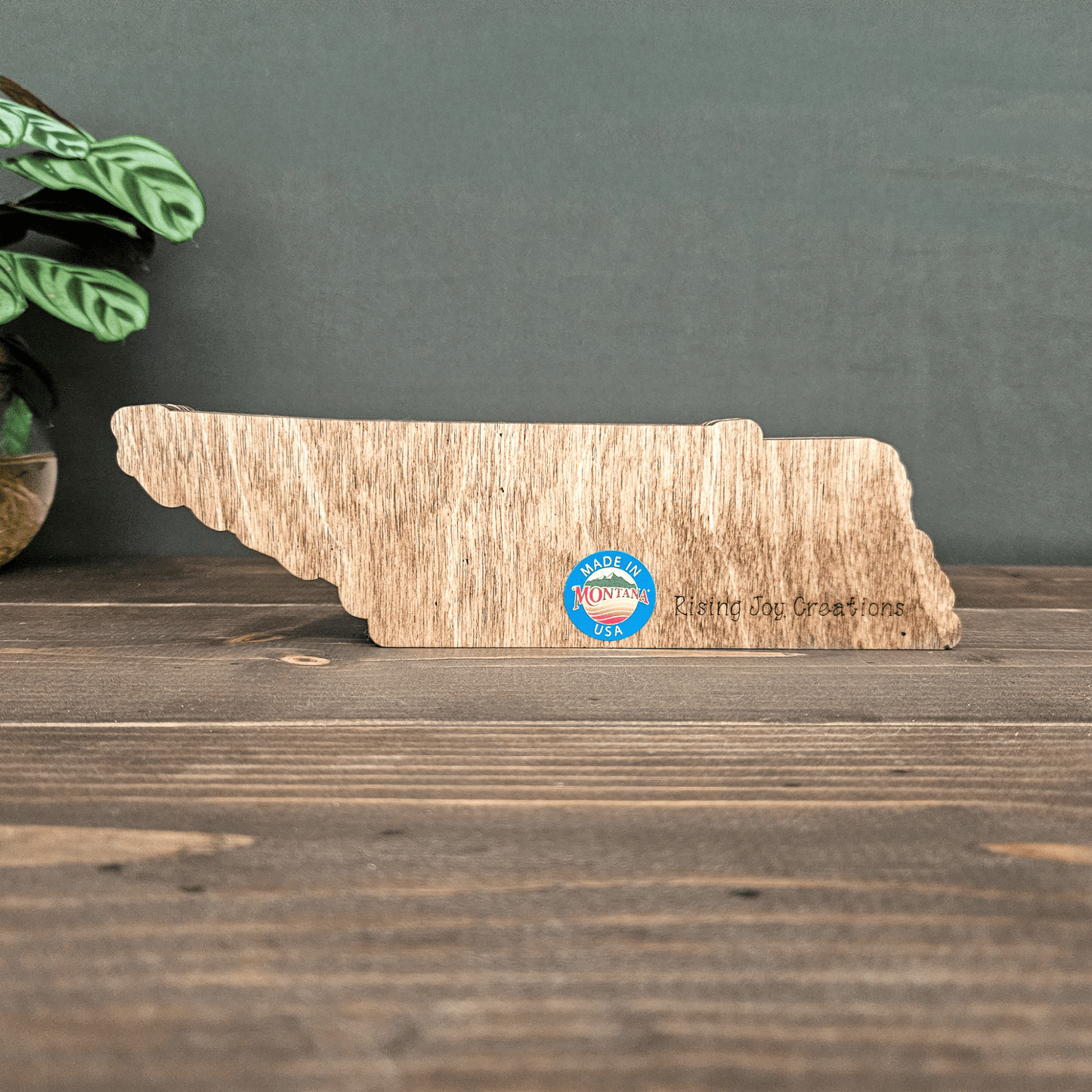 Back view of layered Tennessee wooden state art engraved with Rising Joy Creations logo and Made in Montana sticker.