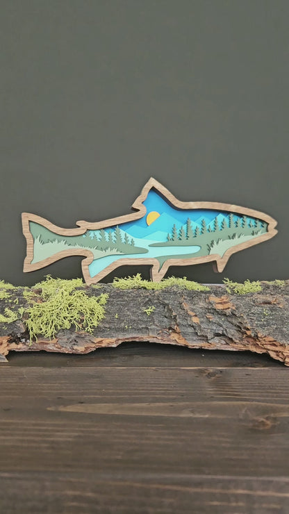 Layered Wood Fish Art With Mountains and Trees
