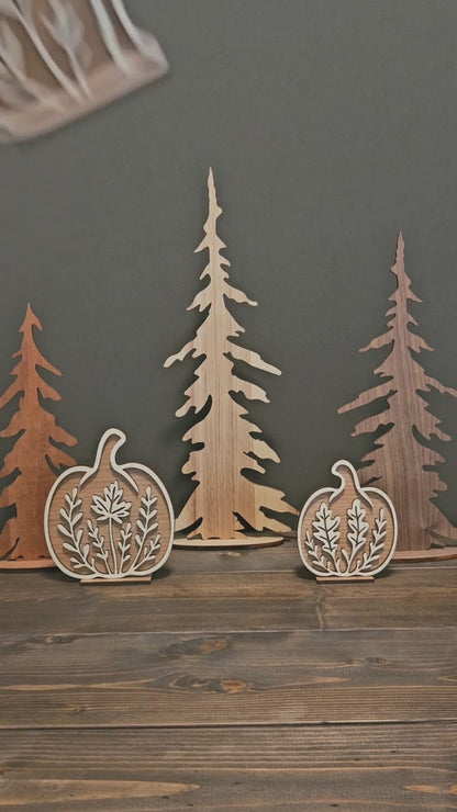 Wooden Fox & Pumpkin Trio – Mini & Large Rustic Woodland Shelf Sitters