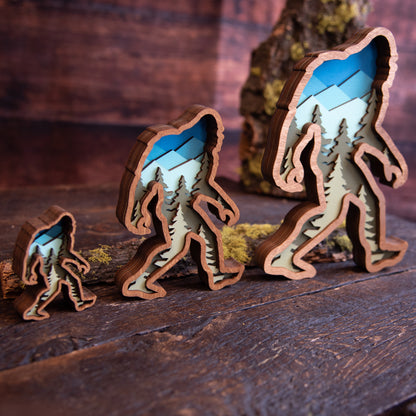 3D Layered Wood Bigfoot Sasquatch Art with Mountain and Forest Landscape