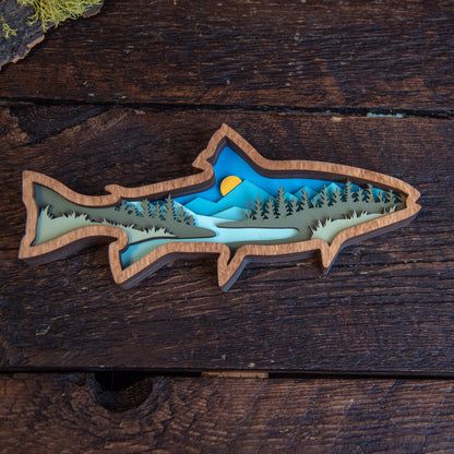Layered Wood Fish Art With Mountains and Trees