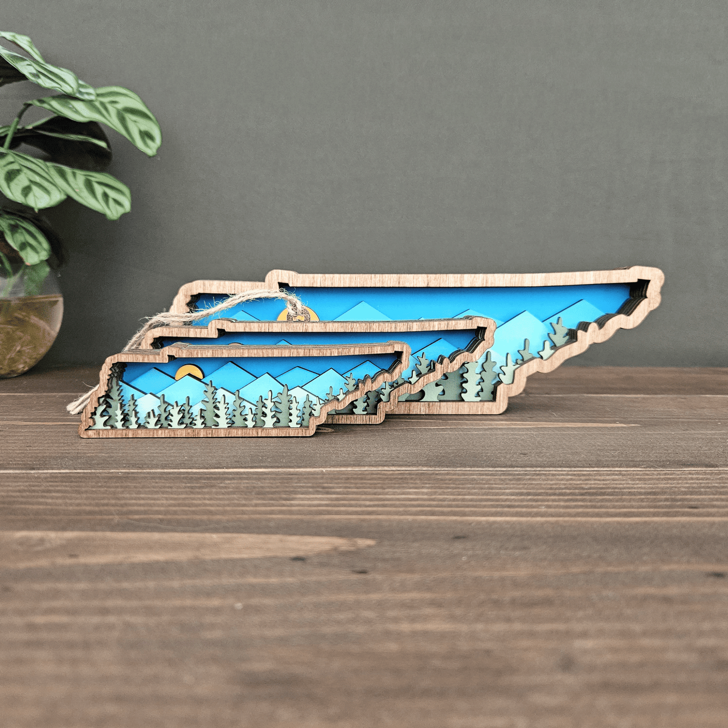 Set of three layered Tennessee mountain pieces in mini, ornament, and small sizes — handcrafted wood decor.