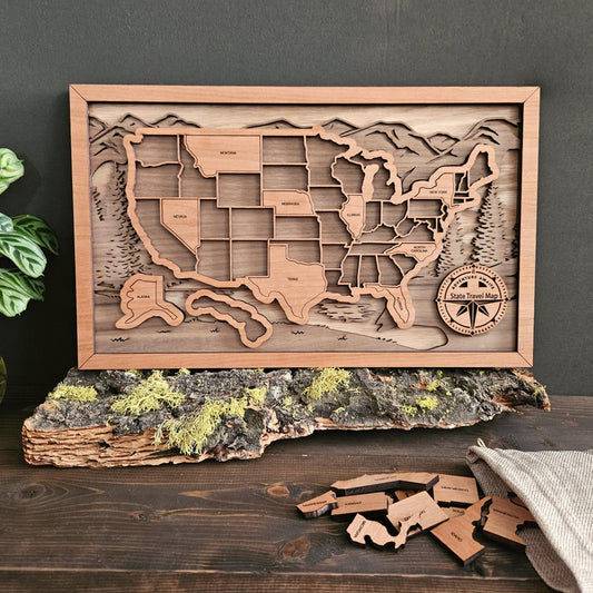 USA State Travel Map-Natural Wood