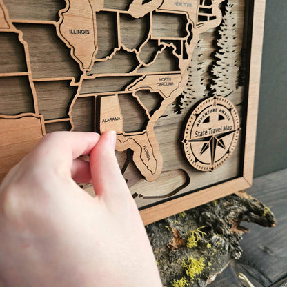 USA State Travel Map-Natural Wood