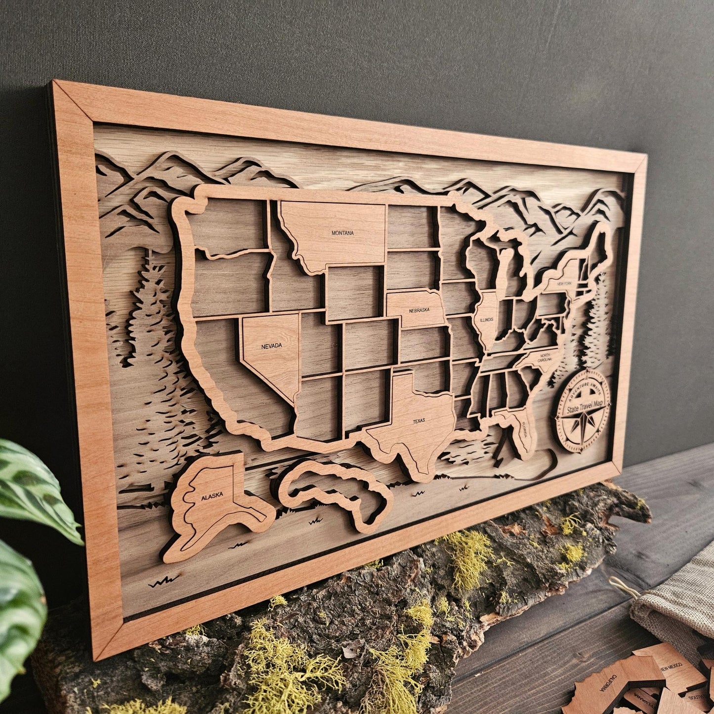 USA State Travel Map-Natural Wood