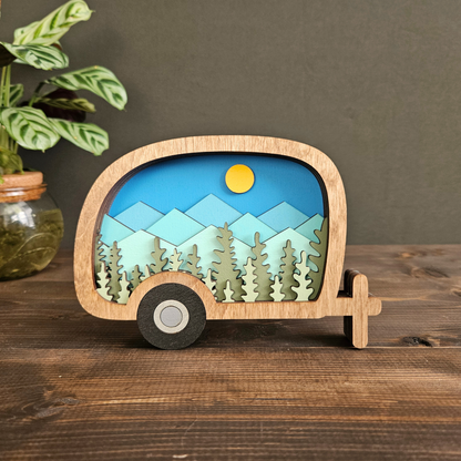 Layered Camper Art with Mountains & Trees