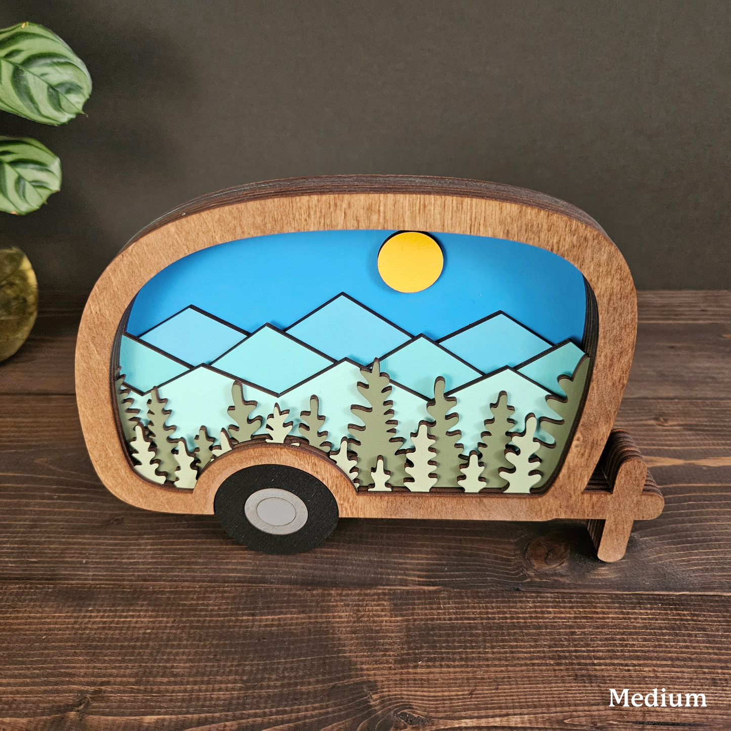 Layered Camper Art with Mountains & Trees