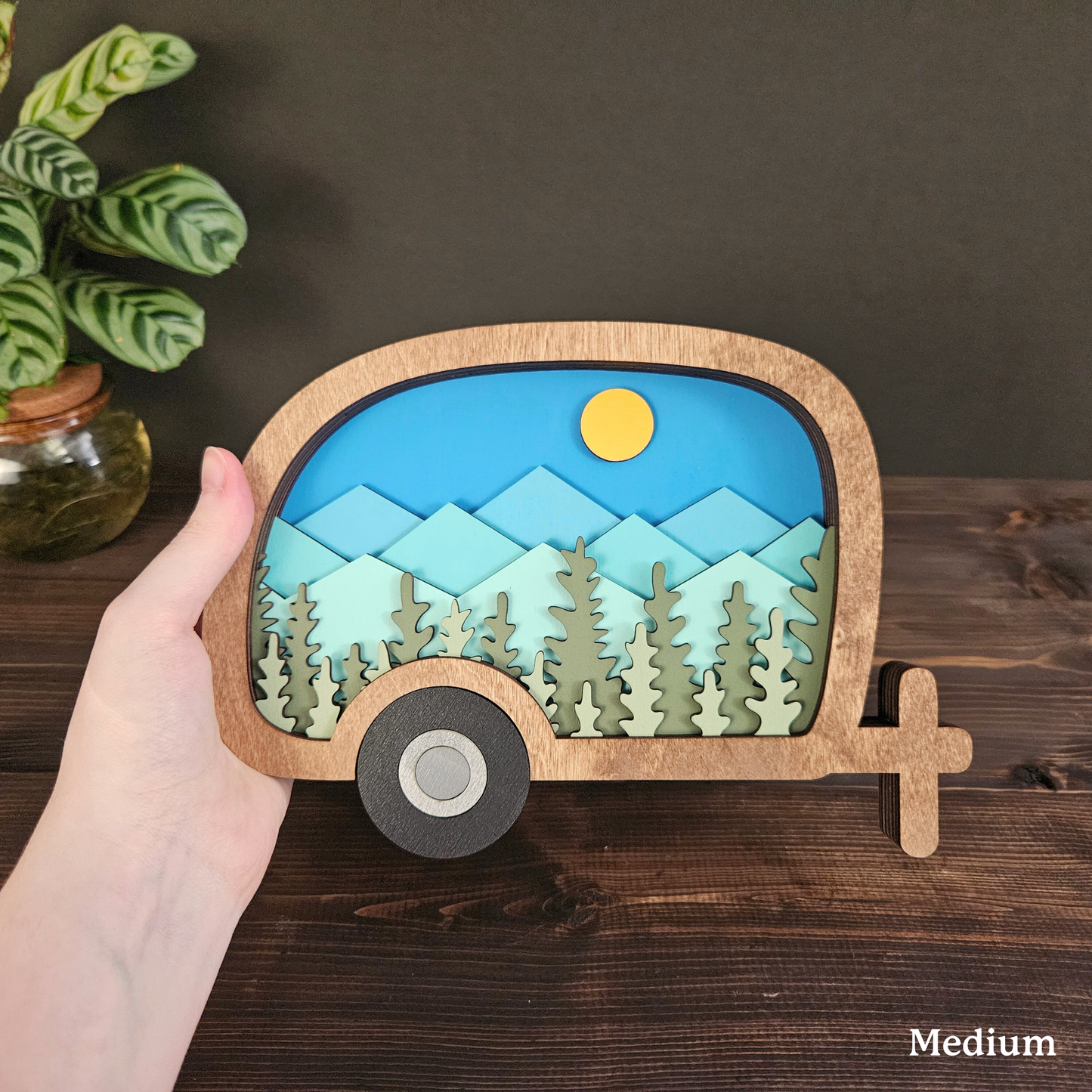 Layered Camper Art with Mountains & Trees