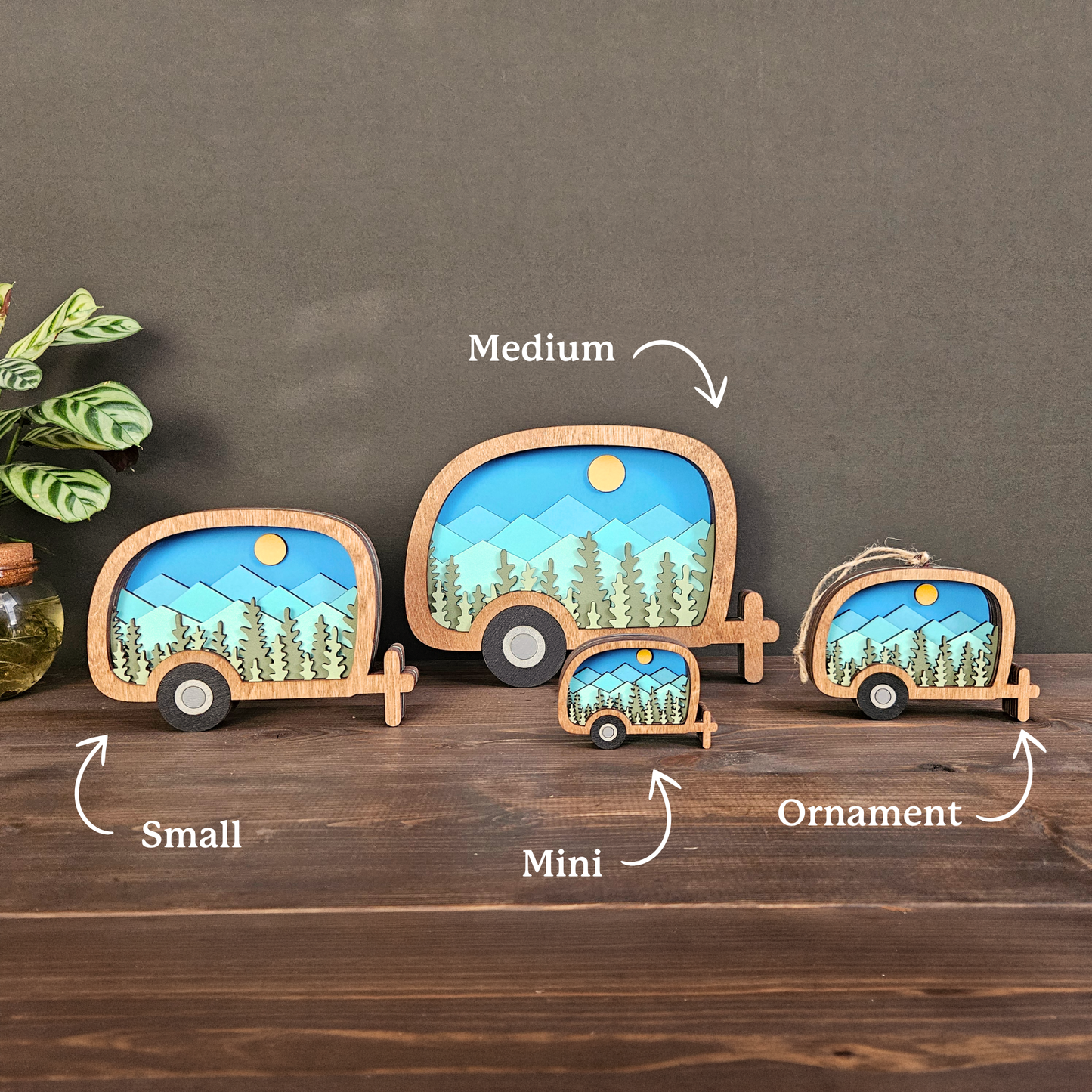 Layered Camper Art with Mountains & Trees