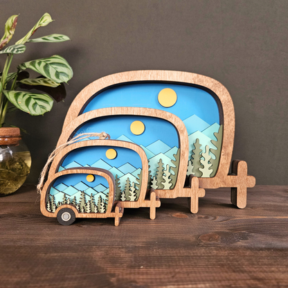 Layered Camper Art with Mountains & Trees
