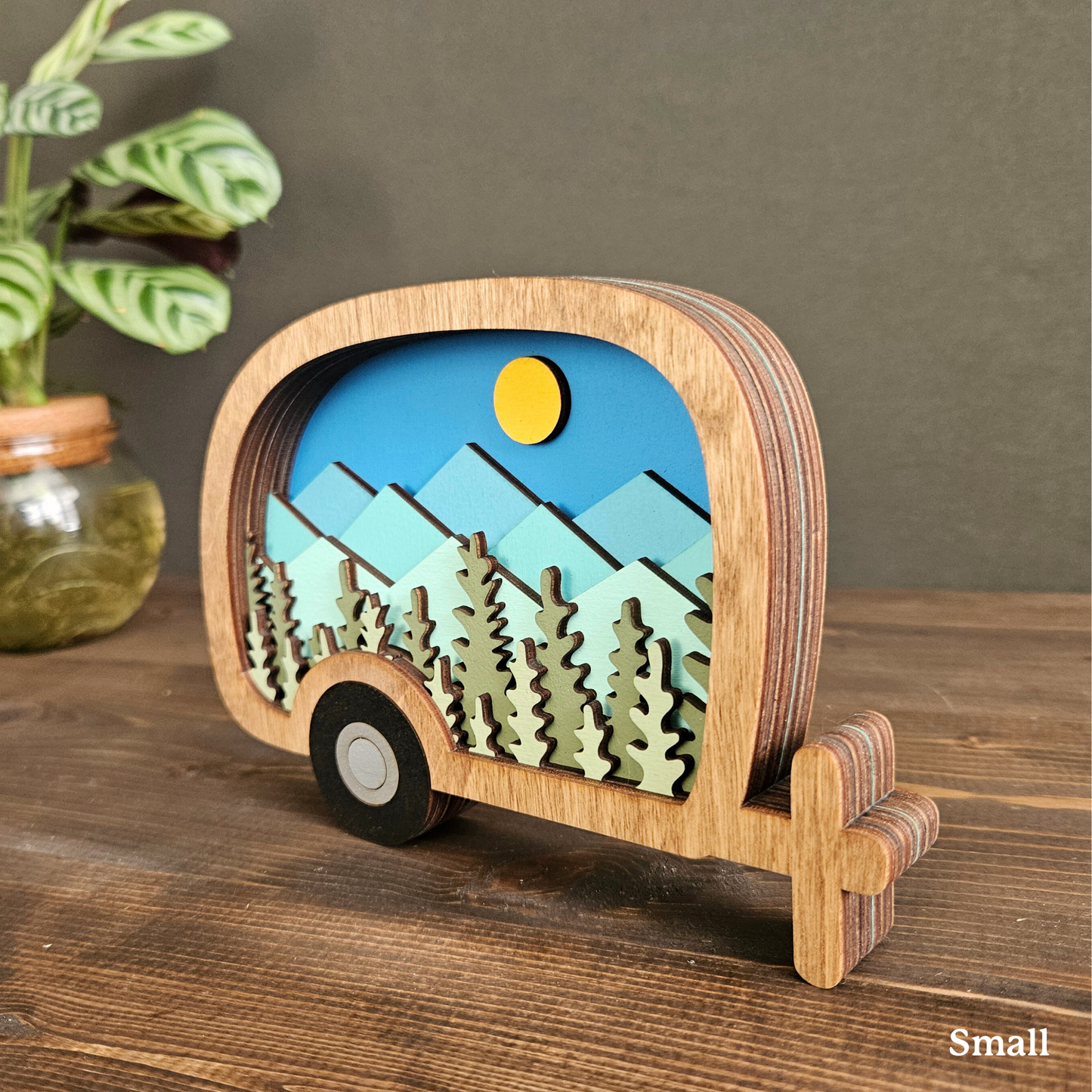 Layered Camper Art with Mountains & Trees