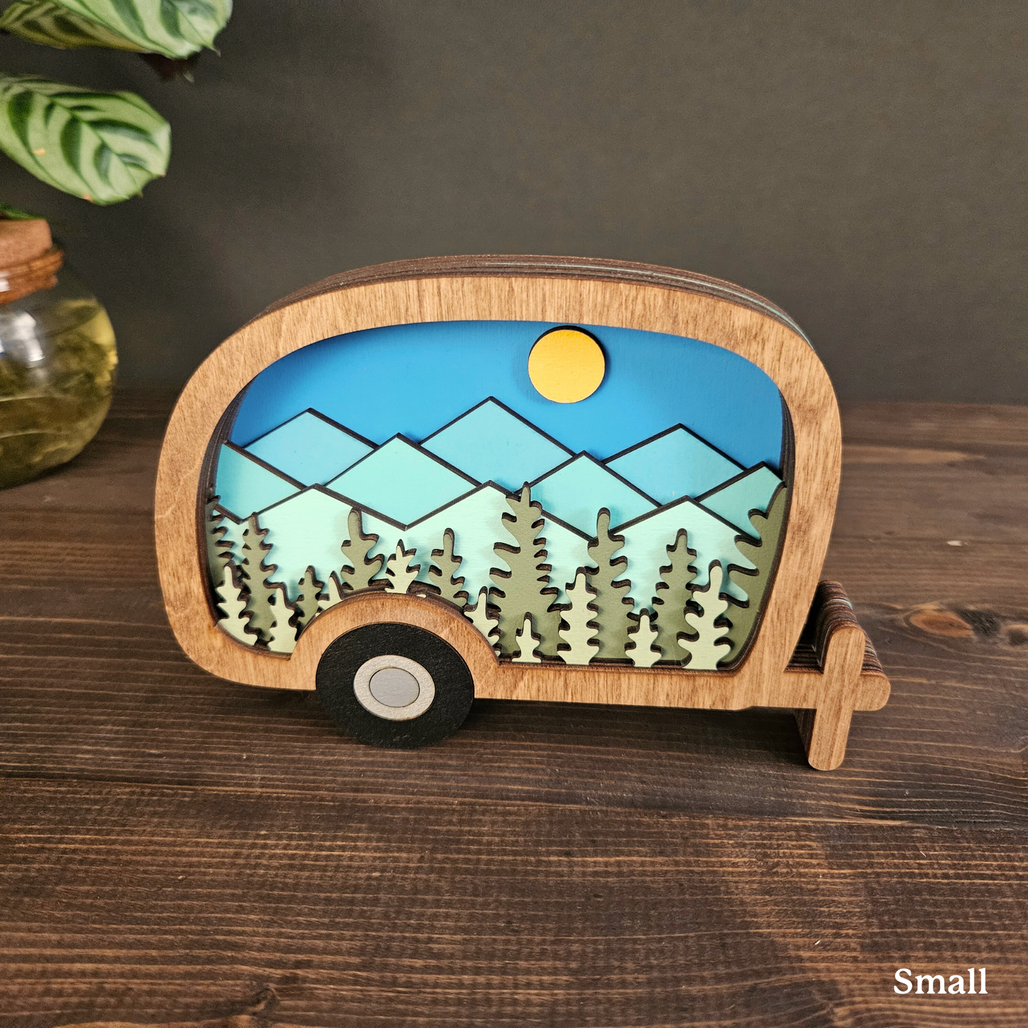 Layered Camper Art with Mountains & Trees