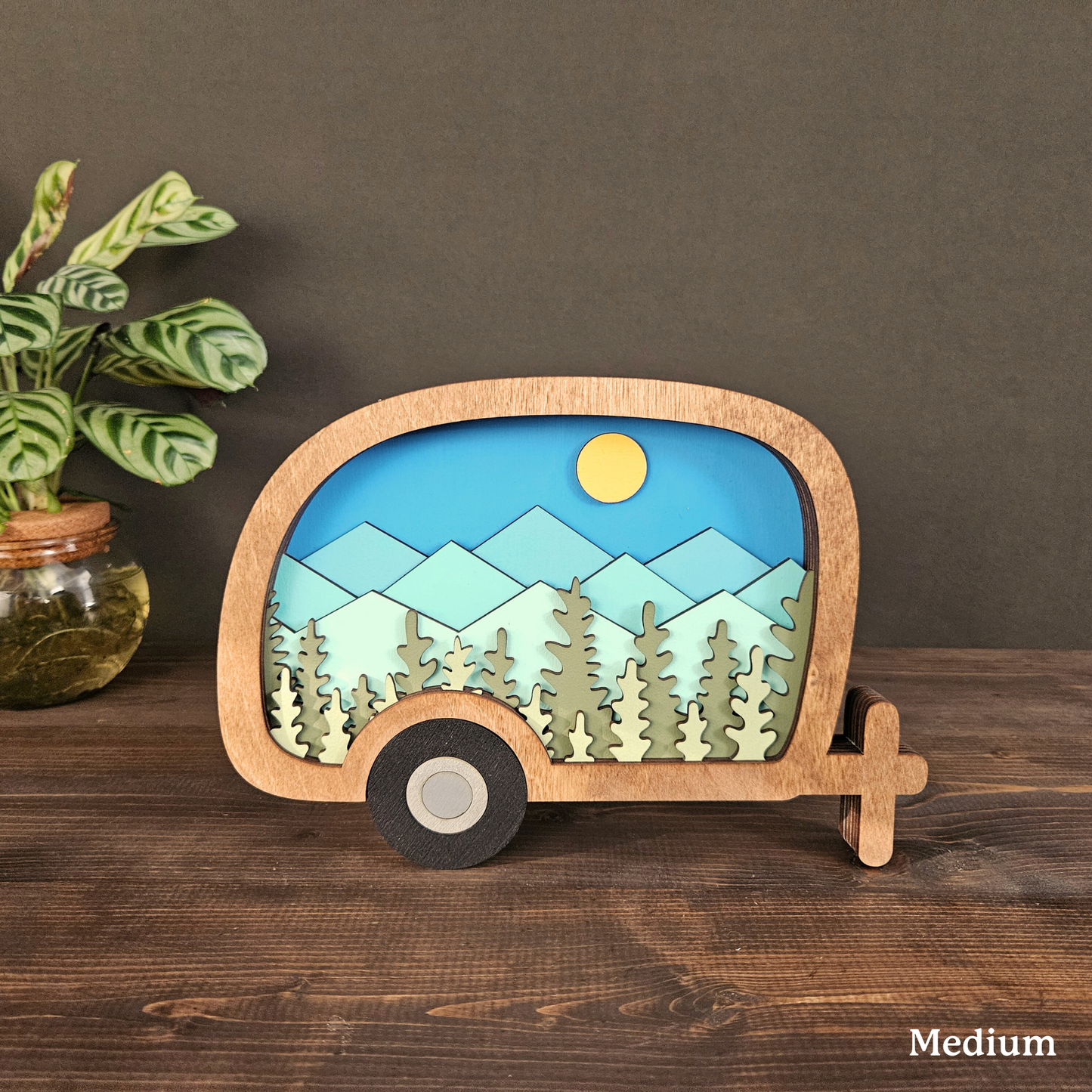 Layered Camper Art with Mountains & Trees