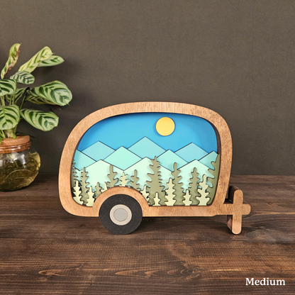 Layered Camper Art with Mountains & Trees