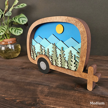 Layered Camper Art with Mountains & Trees