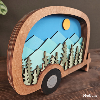 Layered Camper Art with Mountains & Trees