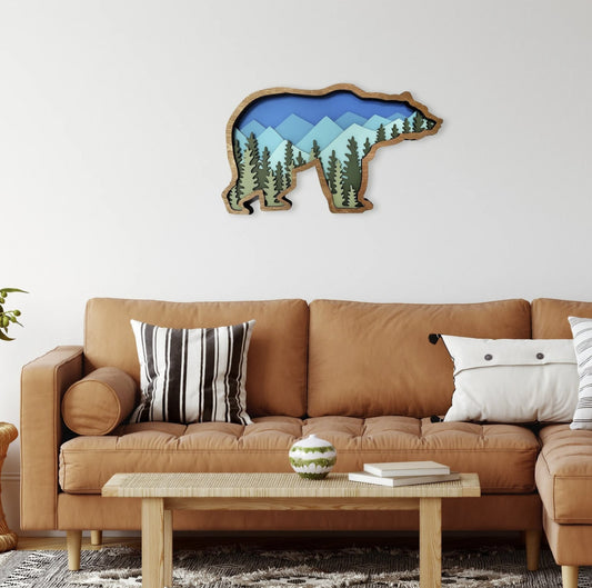 Layered Bear Wall Art with Mountains and Trees