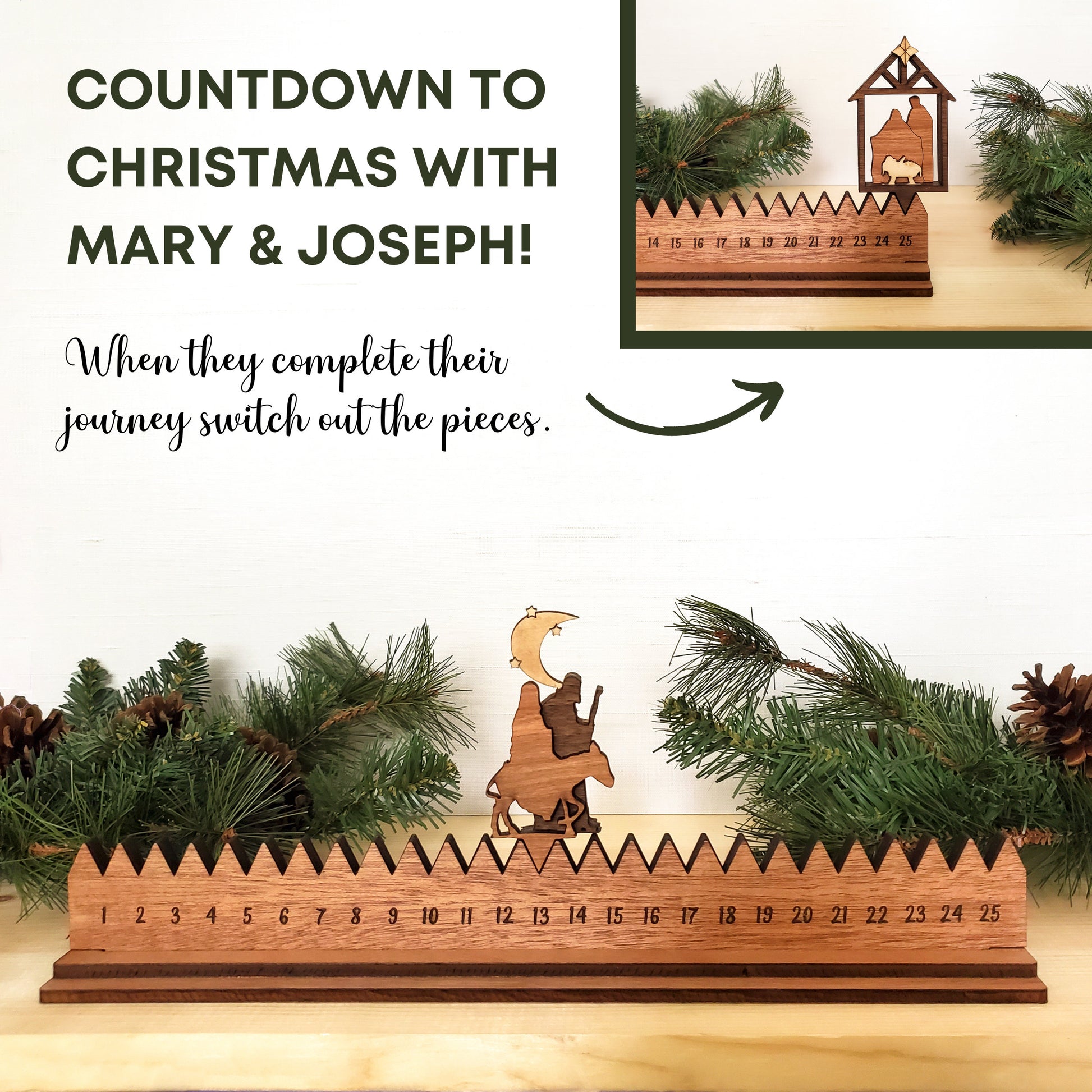 A wooden advent calendar depicting the story of Mary and Joseph with a countdown timer and a manger scene. It is placed on a table with pine branches and decorative pine cones around it.