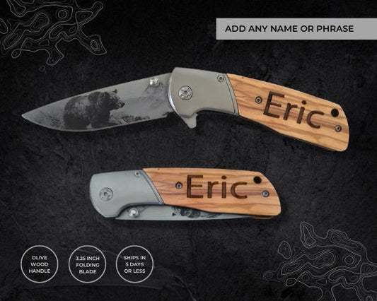 Personalized Steel Engraved Blade Knife, Bear, Elk, Feather, Oil (Damascus)