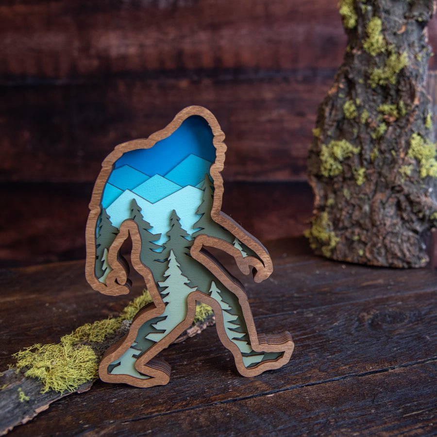 3D Layered Wood Bigfoot Sasquatch Art with Mountain and Forest Landscape
