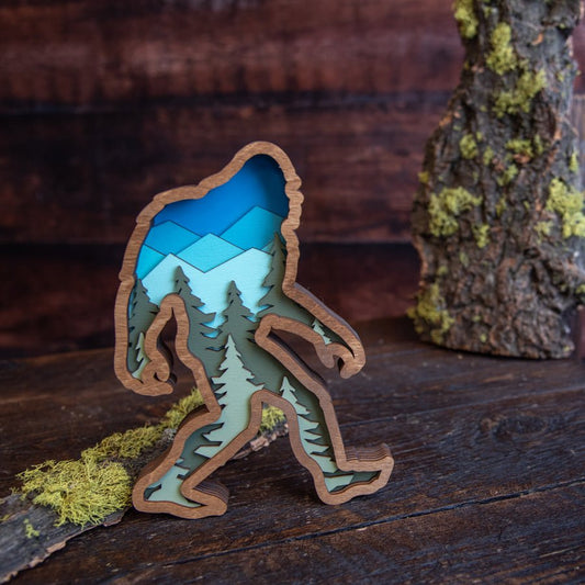 3D Layered Wood Bigfoot Sasquatch Art with Mountain and Forest Landscape
